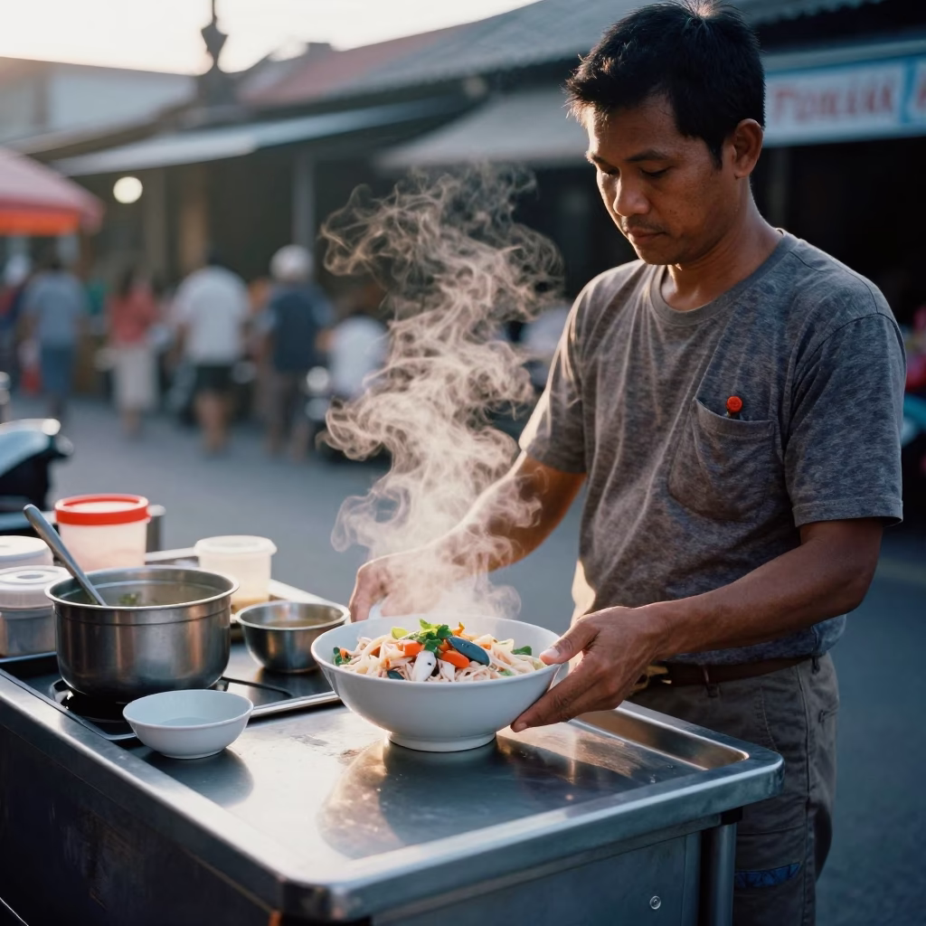Early Morning Thai Street Food Scene with Bowl of Thieboudienne in Phuket Thailand in in Phuket, Thailand