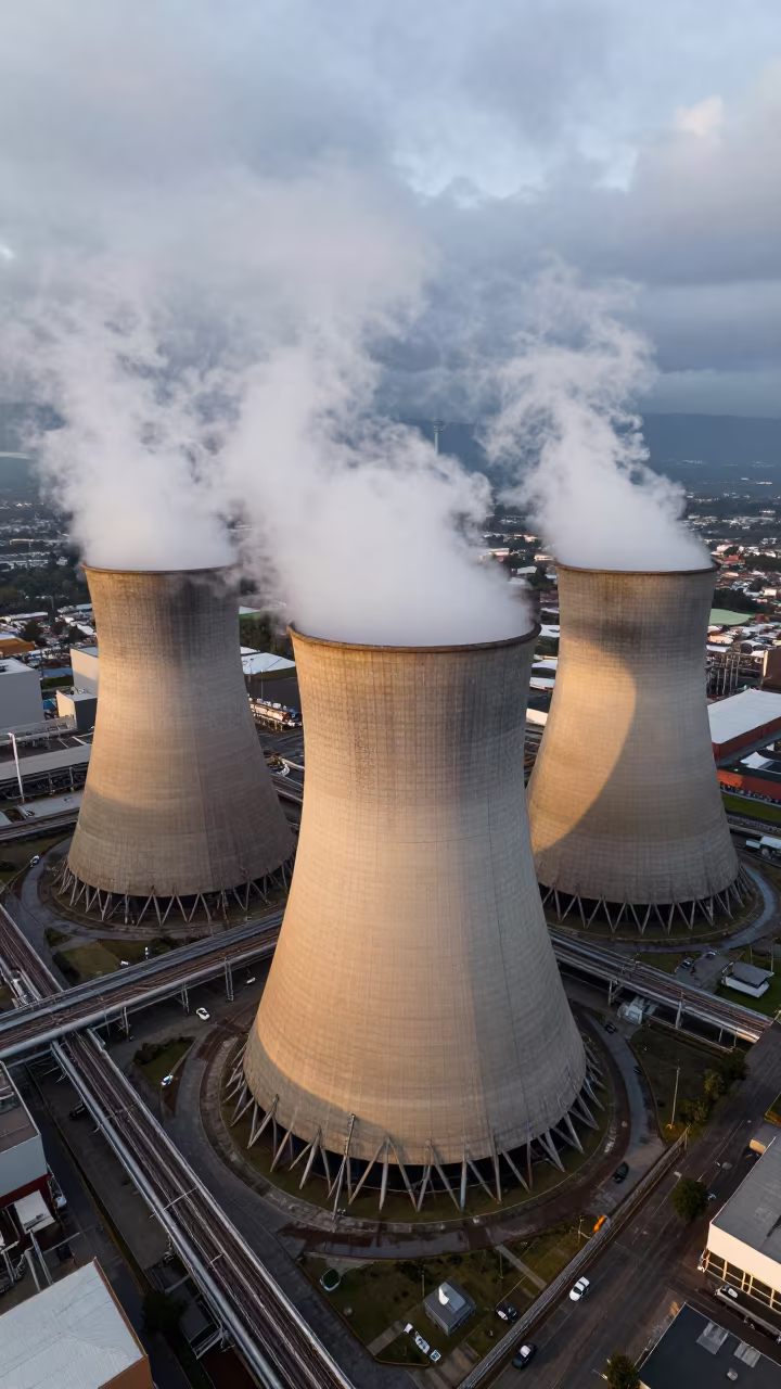 Early Morning Thermal Plant Cooling Towers in Wet Season in on a factory floor near Puebla