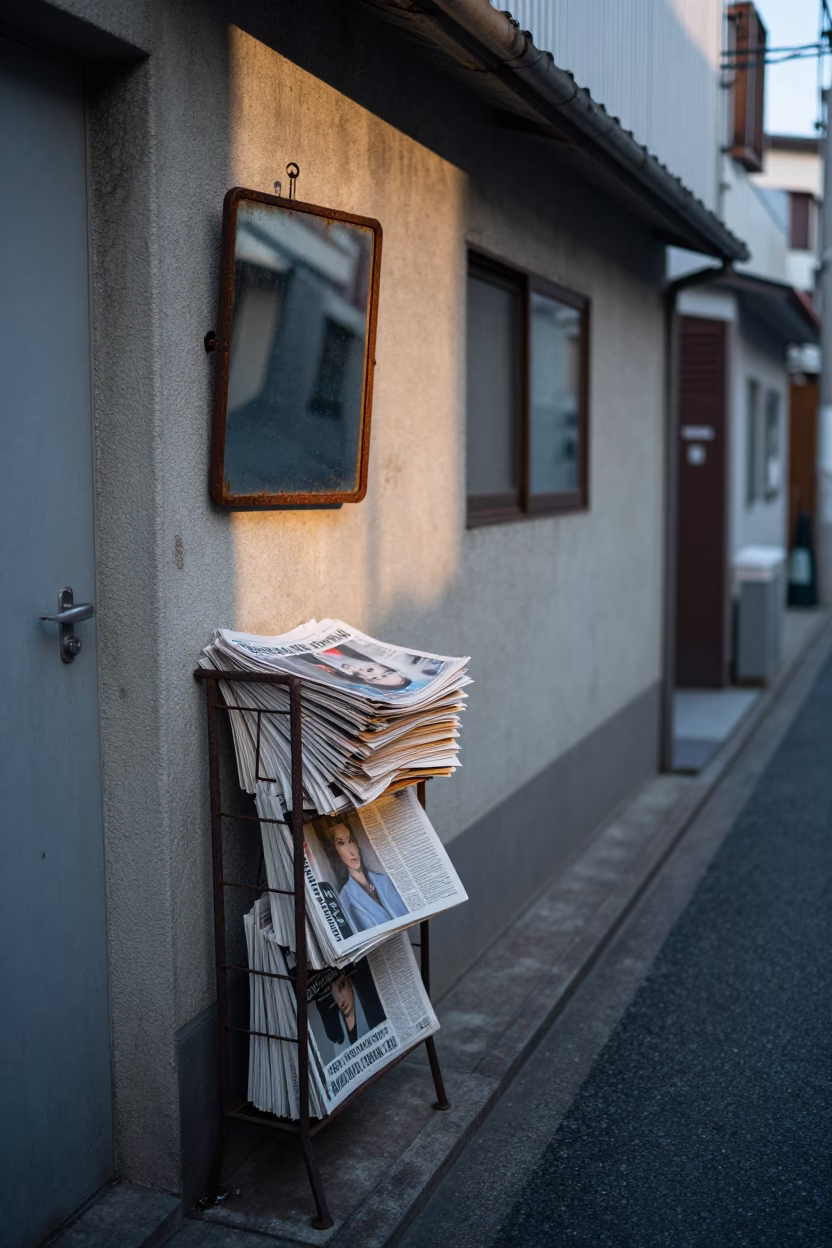 Early Morning Tokyo Alleyway with Magazines and Rusty Mirror Reflection in in Tokyo, Japan