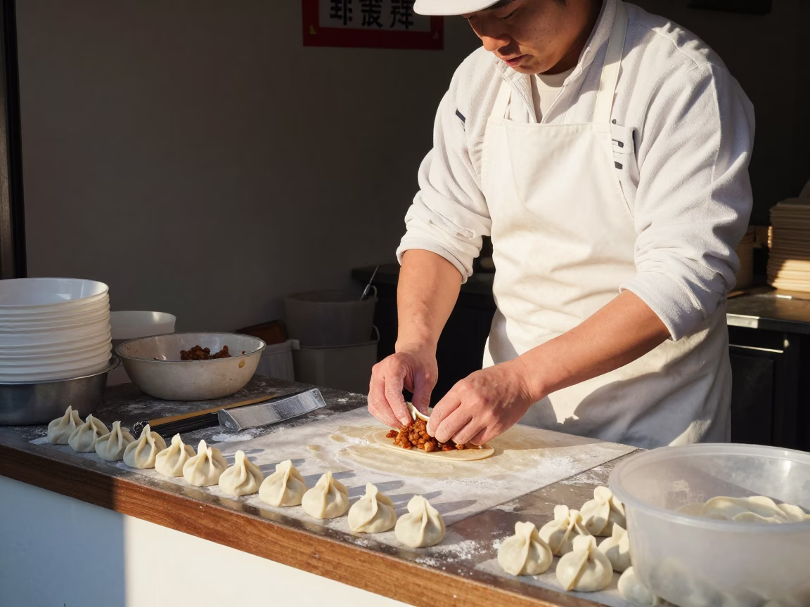 Early Morning Tokyo Baker Preparing Manti Dumplings for Shop Display in in Tokyo, Japan