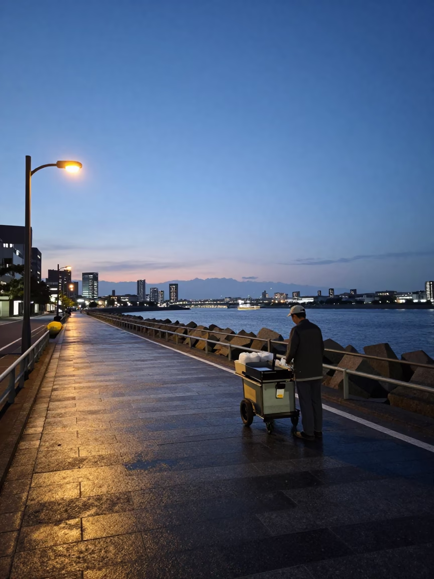 Early Morning Tokyo Street Scene with Blue Hour Sky and Local Breakfast in in Tokyo, Japan
