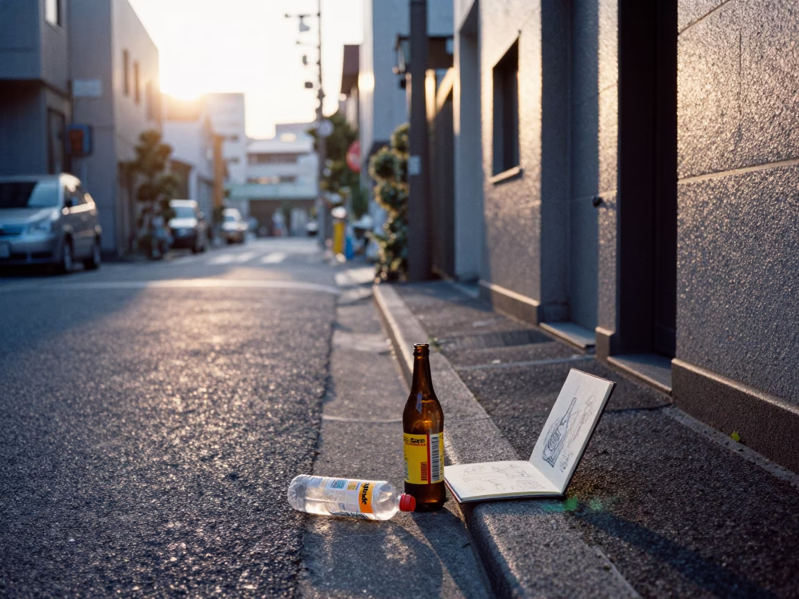 Early Morning Tokyo Street Scene with Bottle and Sketchbook on Concrete Sidewalk in in Tokyo, Japan