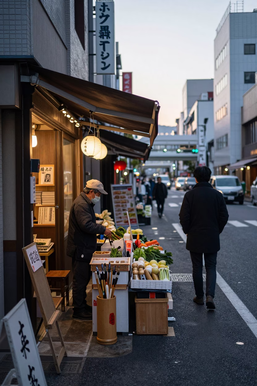 Early Morning Tokyo Street Scene with Calligraphy Brushes and Traditional Elements in in Tokyo, Japan