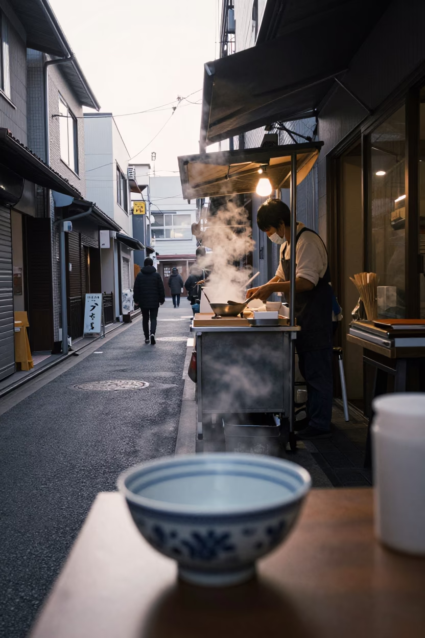 Early Morning Tokyo Street Scene with Ceramic Bowl and Hair Comb in in Tokyo, Japan