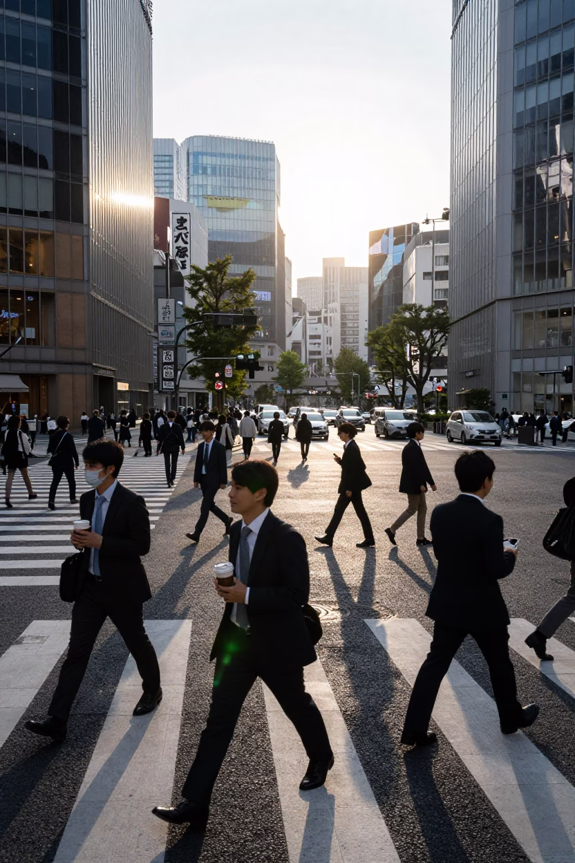 Early Morning Tokyo Street Scene with Commuters and Coffee Stalls in in Tokyo, Japan