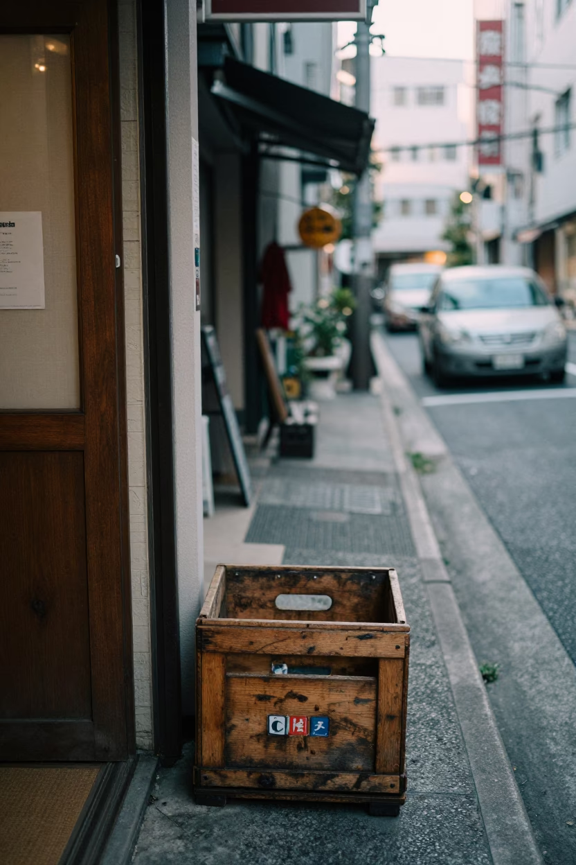 Early Morning Tokyo Street Scene with Crate and Morning Dew on Succulent in in Tokyo, Japan