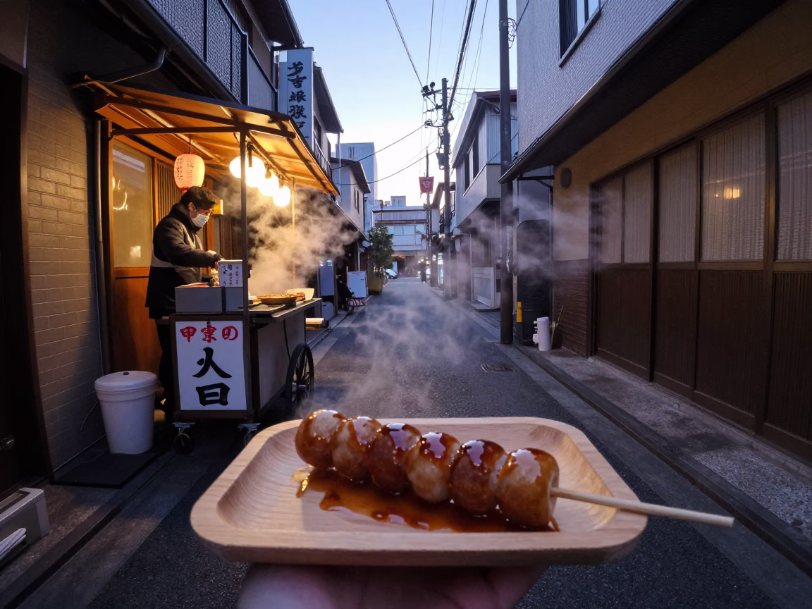 Early Morning Tokyo Street Scene with Dango Skewer and Vintage Atmosphere in in Tokyo, Japan