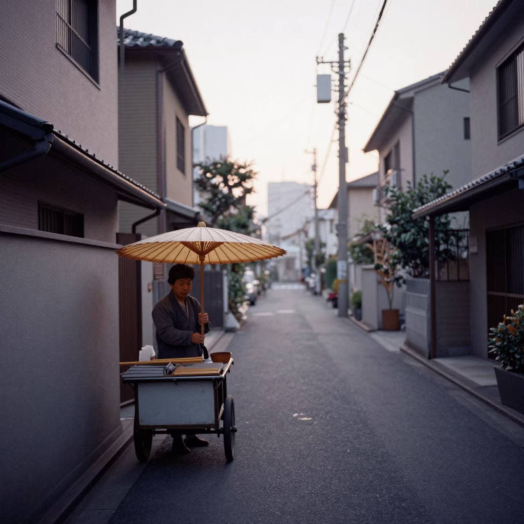 Early Morning Tokyo Street Scene with Folded Bamboo Parasol and Urban Architecture in in Tokyo, Japan
