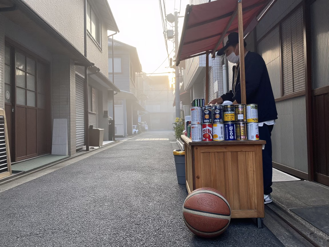 Early Morning Tokyo Street Scene with Leather Basketball and Condensation in in Tokyo, Japan