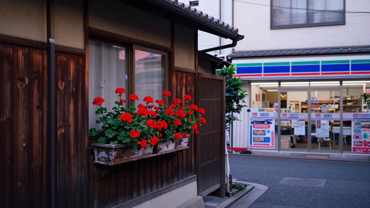 Early Morning Tokyo Street Scene with Red Geraniums in Window Box and Sunlight Stripes in in Tokyo, Japan