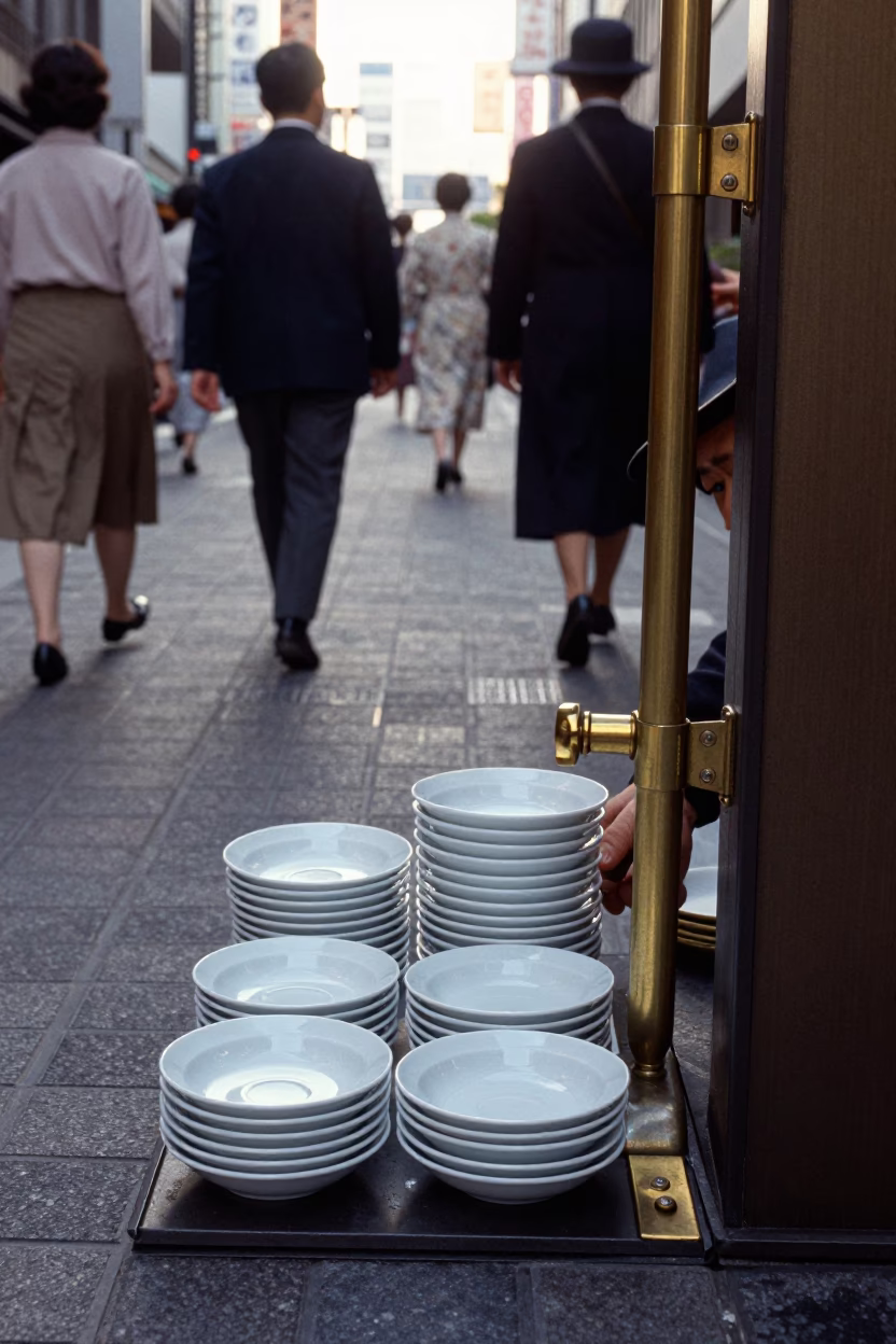 Early Morning Tokyo Street Scene with Saucers and Brass Hinge Details in in Tokyo, Japan