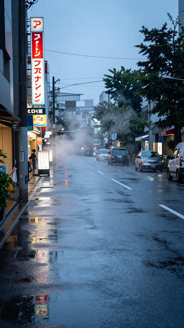 Early Morning Tokyo Street Scene with Steam and Rainwater Reflections in in Tokyo, Japan