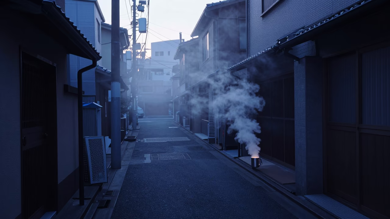 Early Morning Tokyo Street Scene with Steam Haze and Polished Brass Handle Before Sunrise in in Tokyo, Japan