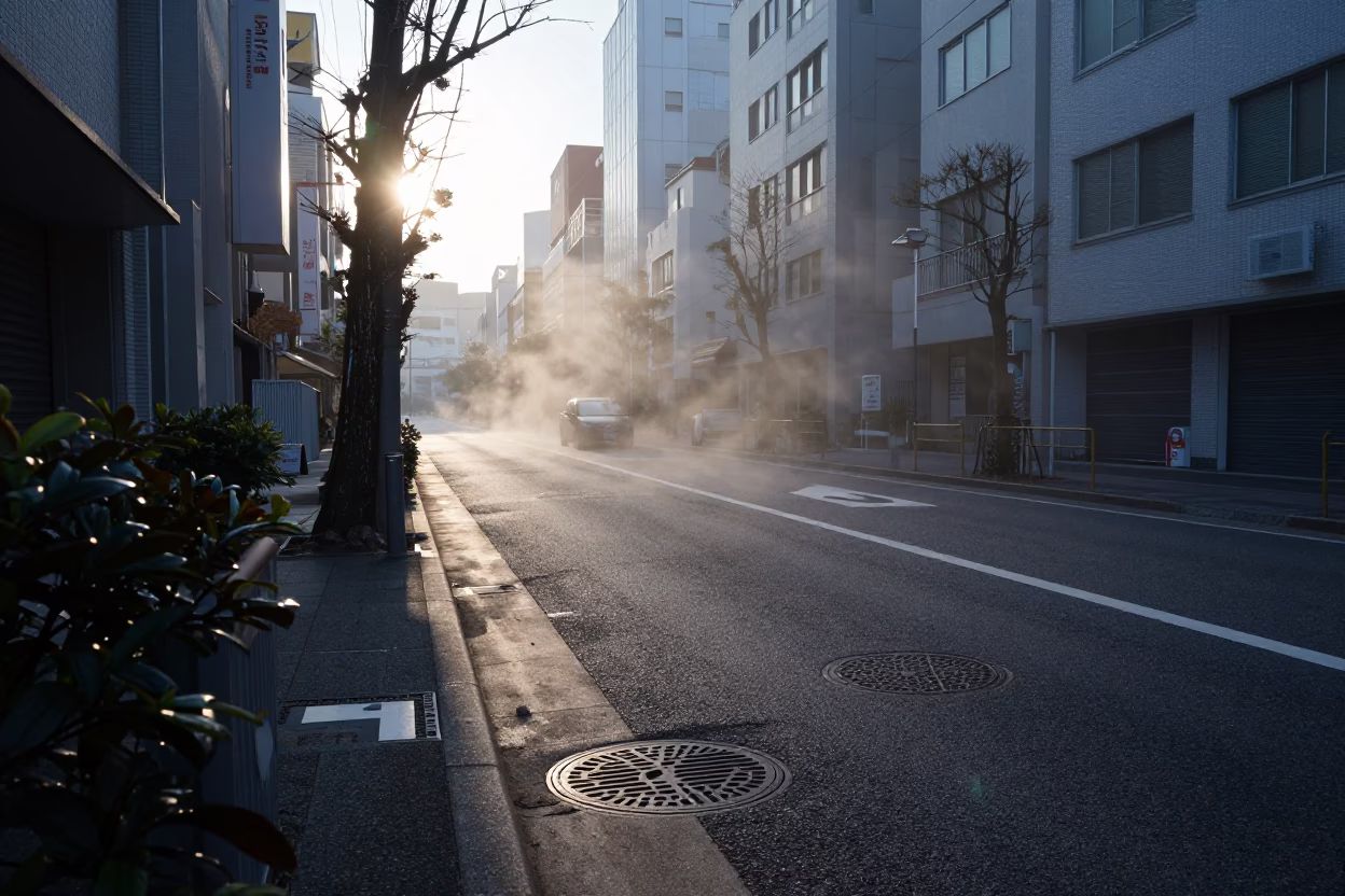 Early Morning Tokyo Street Scene with Steam Haze and Urban Details Before Sunrise in in Tokyo, Japan