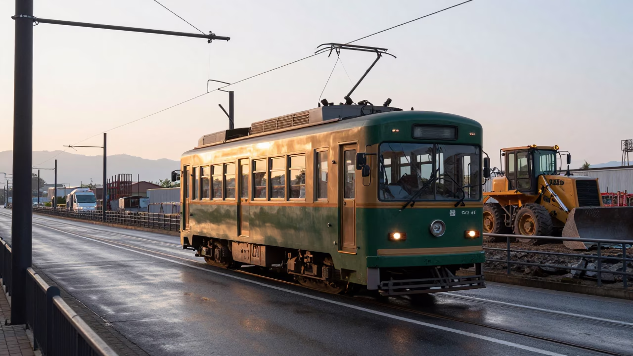 Early Morning Tokyo Street Scene with Tram and Construction Near Sunrise in in Tokyo, Japan