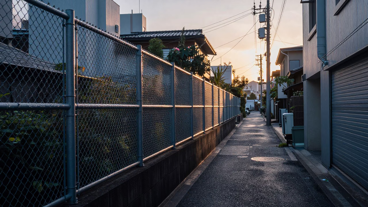Early Morning Tokyo Street Scene with Utility Fence and Dewy Details in in Tokyo, Japan