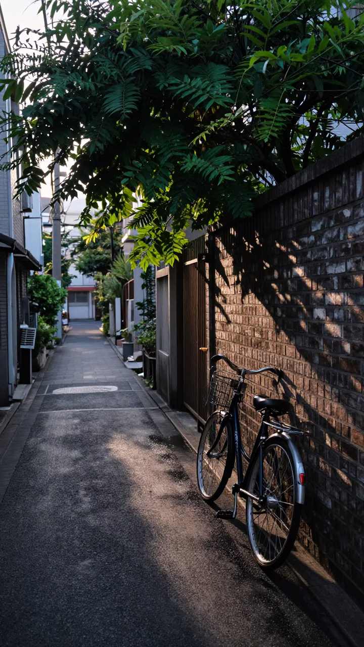 Early Morning Tokyo Street Scene with Vintage Bicycle and Green Herb Stall in in Tokyo, Japan