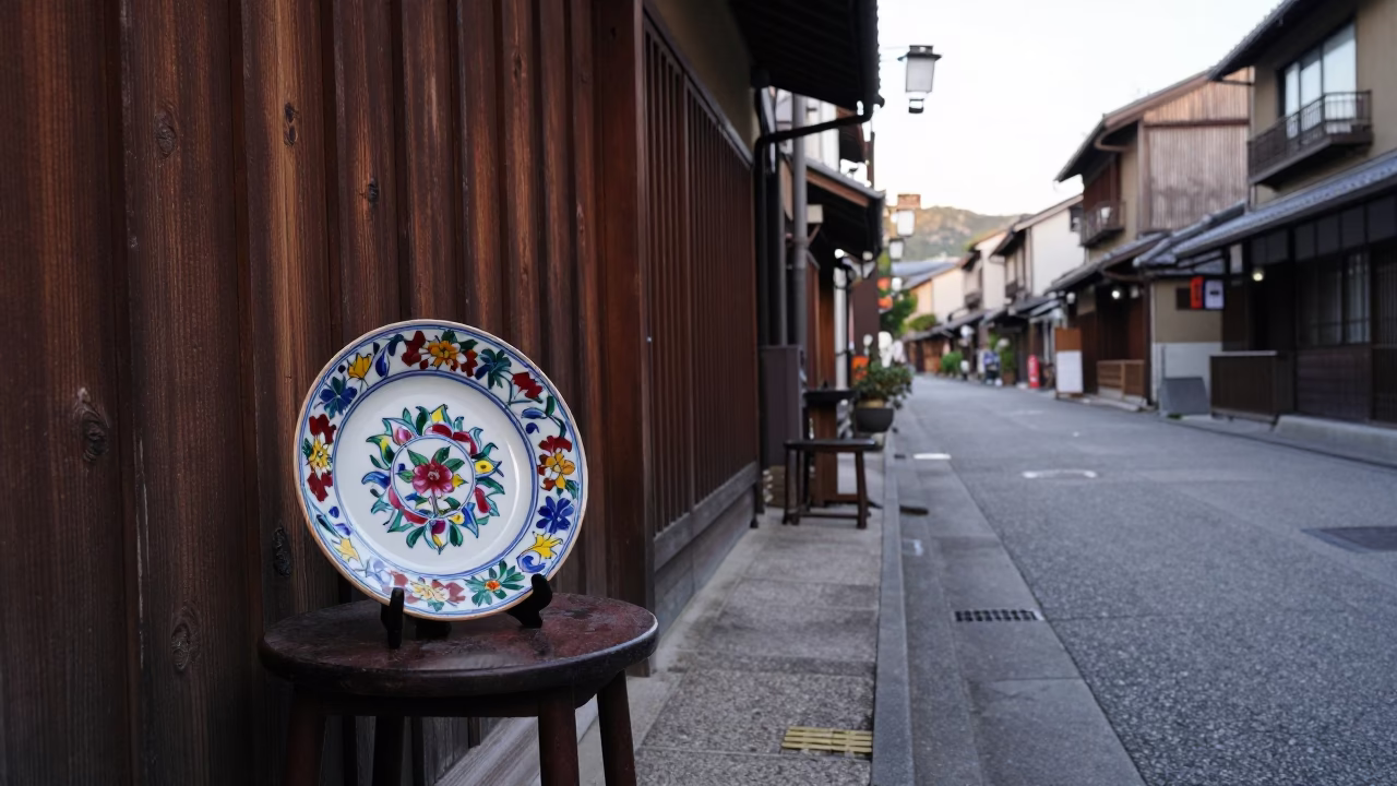 Early Morning Tokyo Street Scene with Vintage Majolica Plate and Soap Residue in in Tokyo, Japan