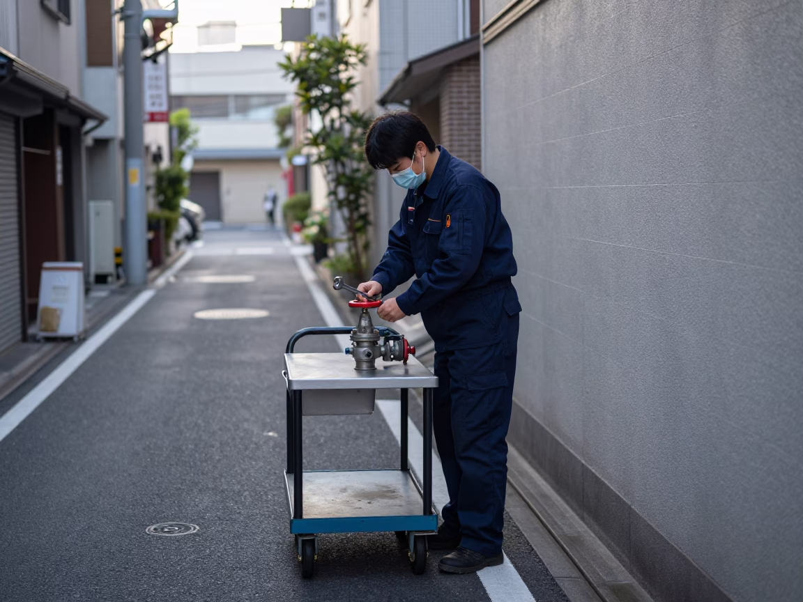 Early Morning Tokyo Street Scene with Wrench and Spontaneous Urban Detail in in Tokyo, Japan
