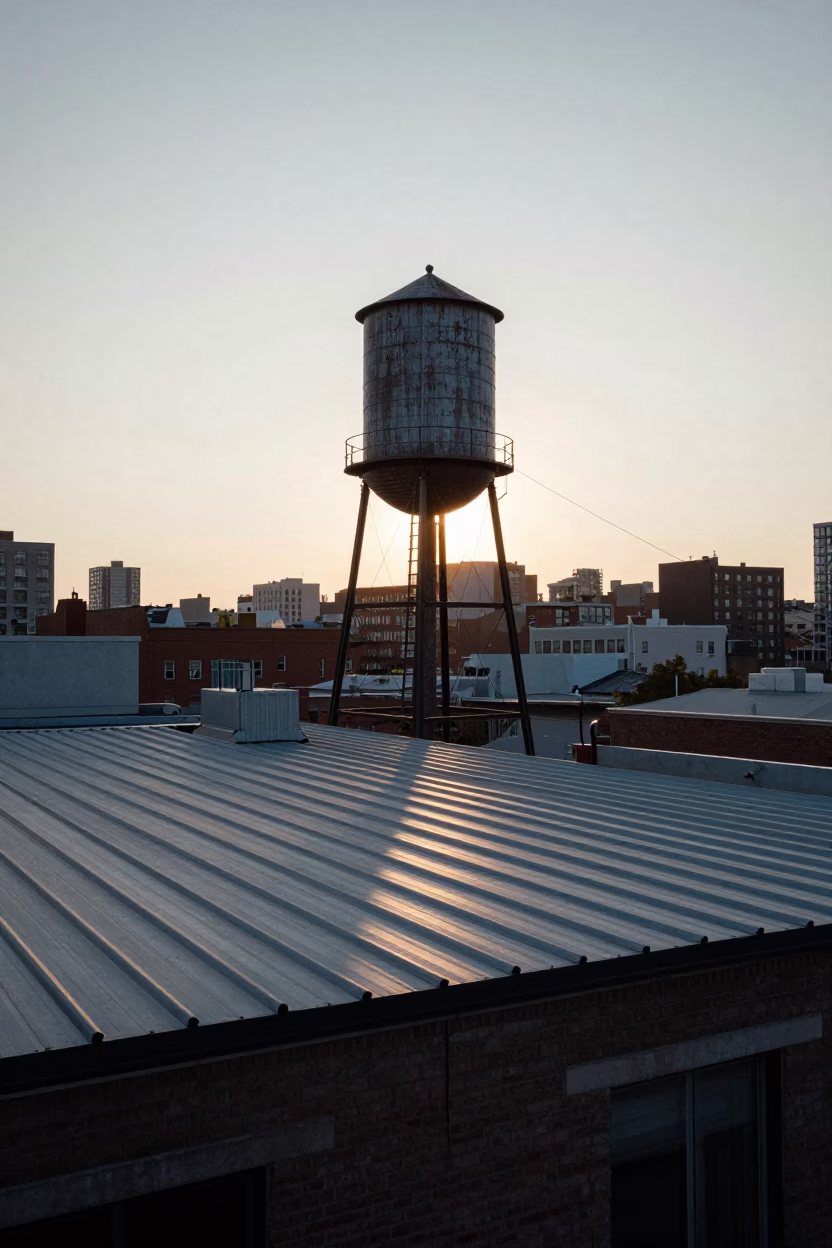Early Morning Toronto Rooftop Water Tower View at First Light in in Toronto, Ontario, Canada