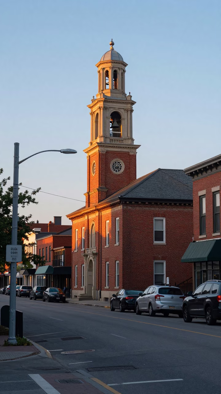 Early Morning Toronto Street Scene with Bell Tower and Vine Covered Brick Building in in Toronto, Ontario, Canada