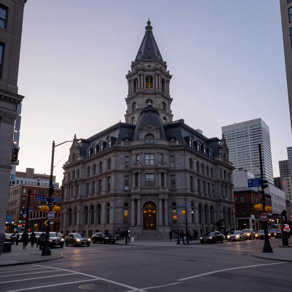 Early Morning Toronto Street Scene with City Hall and Glass Tower Reflections in in Toronto, Ontario, Canada