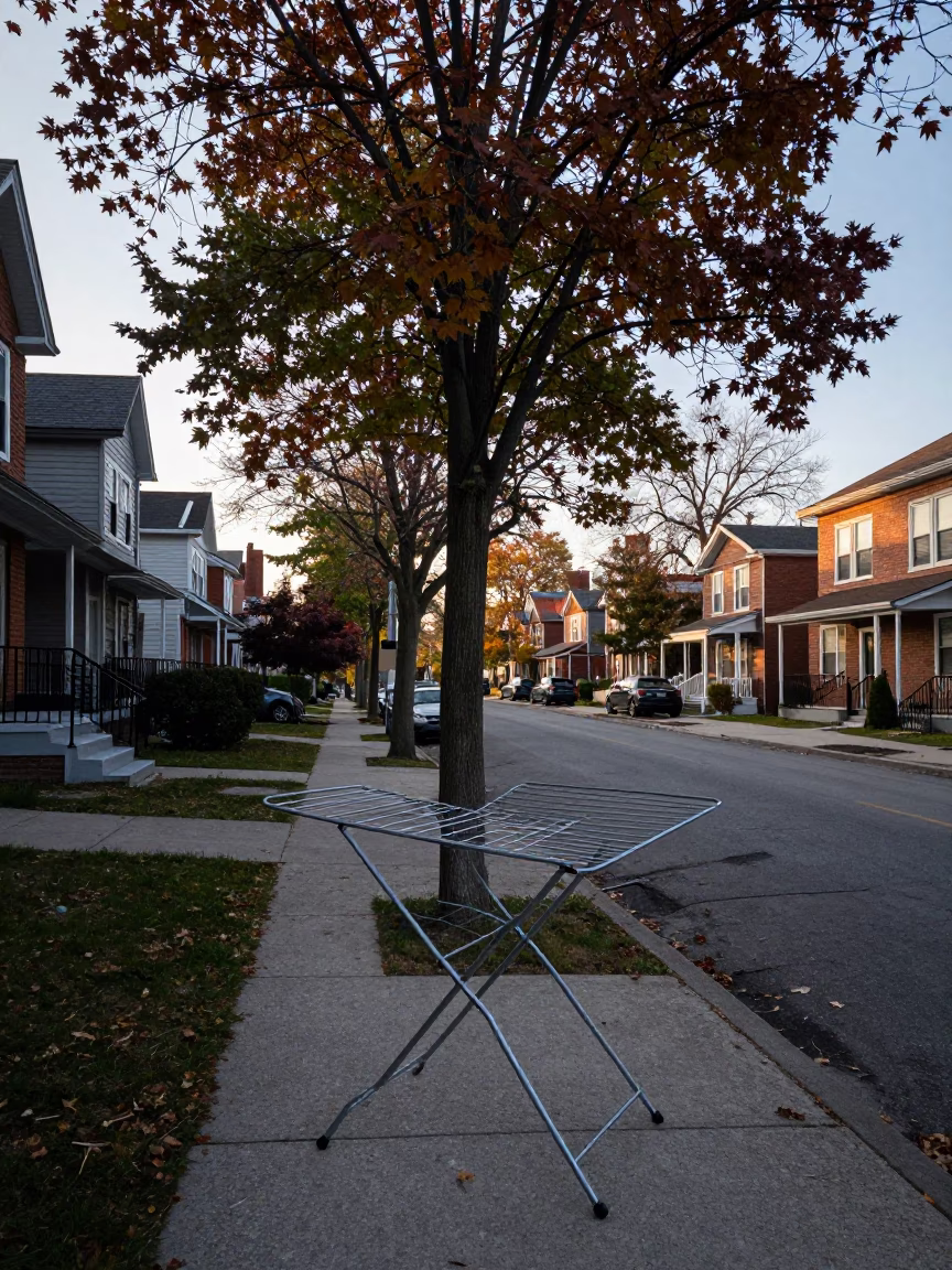 Early Morning Toronto Street Scene with Drying Rack and Quilt in Urban Neighborhood in in Toronto, Ontario, Canada