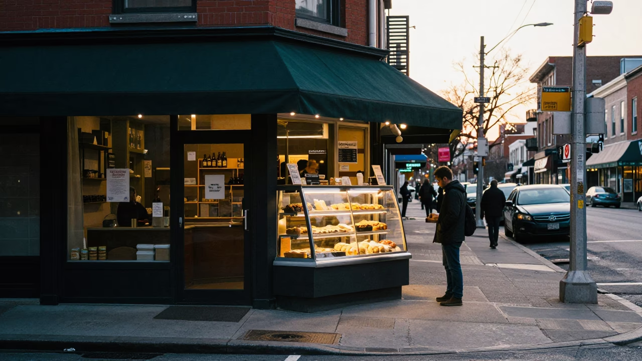 Early Morning Toronto Street Scene with Local Bakery Display and Urban Architecture in in Toronto, Ontario, Canada