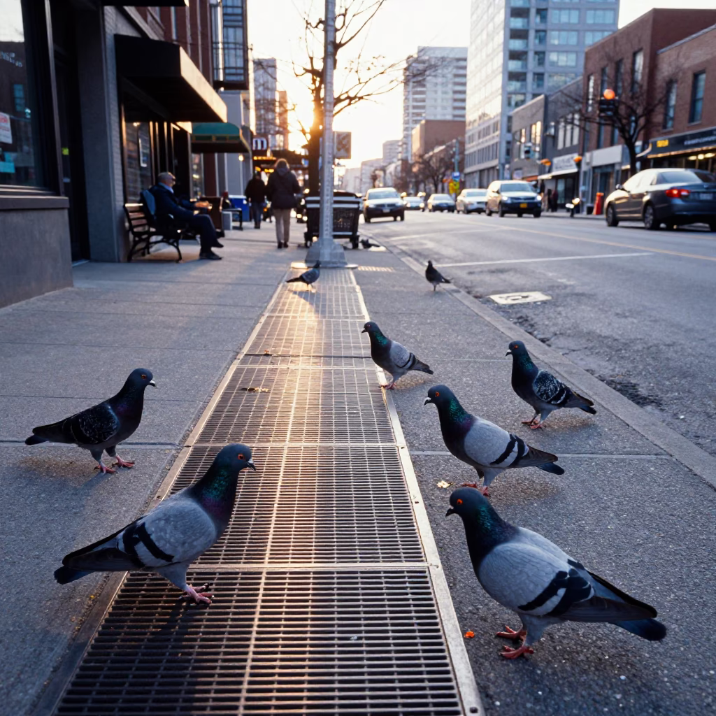 Early Morning Toronto Street Scene with Pigeons and District Heating Pipes in in Toronto, Ontario, Canada