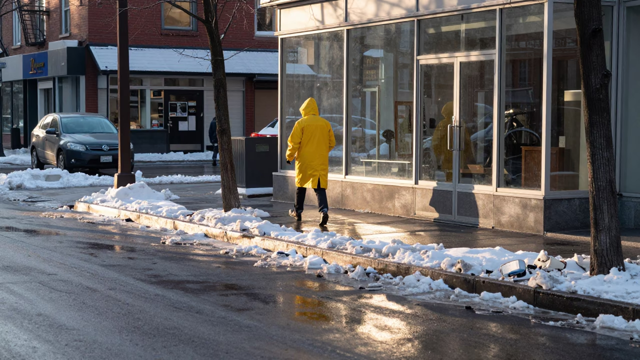 Early Morning Toronto Street Scene with Snow Slush and Urban Reflections in Ontario Canada in in Toronto, Ontario, Canada