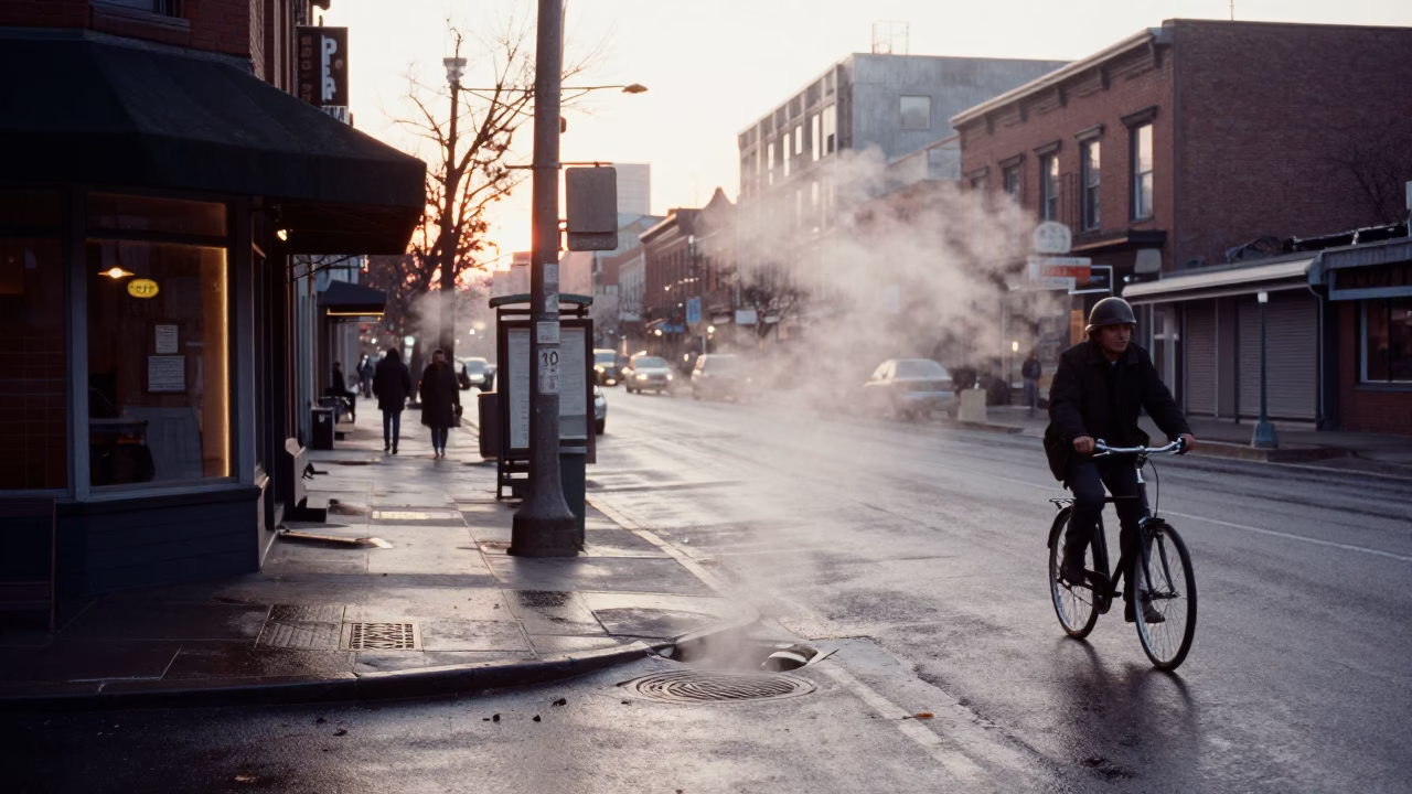 Early Morning Toronto Street Scene with Steam and Urban Details in in Toronto, Ontario, Canada