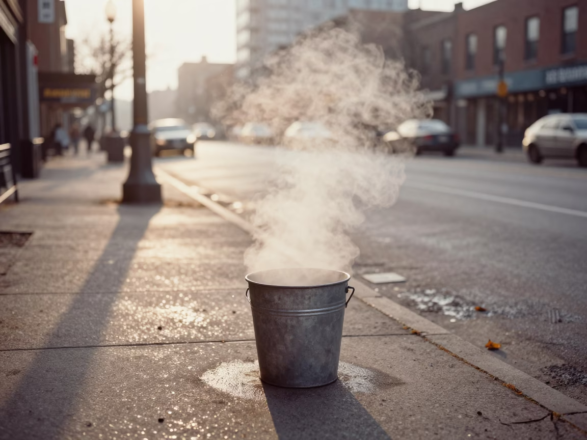 Early Morning Toronto Street Scene with Steam Rising from a Metal Bucket Lid in in Toronto, Ontario, Canada