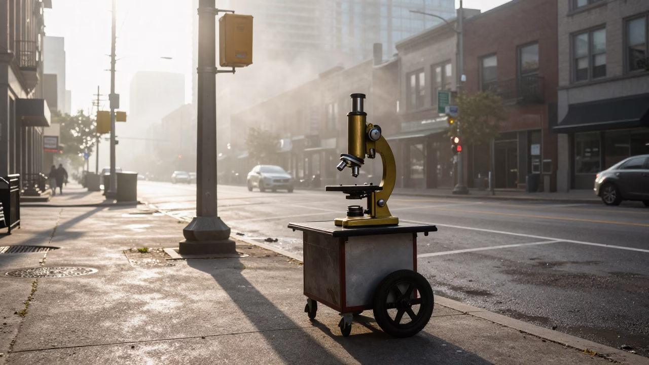 Early Morning Toronto Street Scene with Vintage Brass Microscope and Locket on Cafe Table in in Toronto, Ontario, Canada