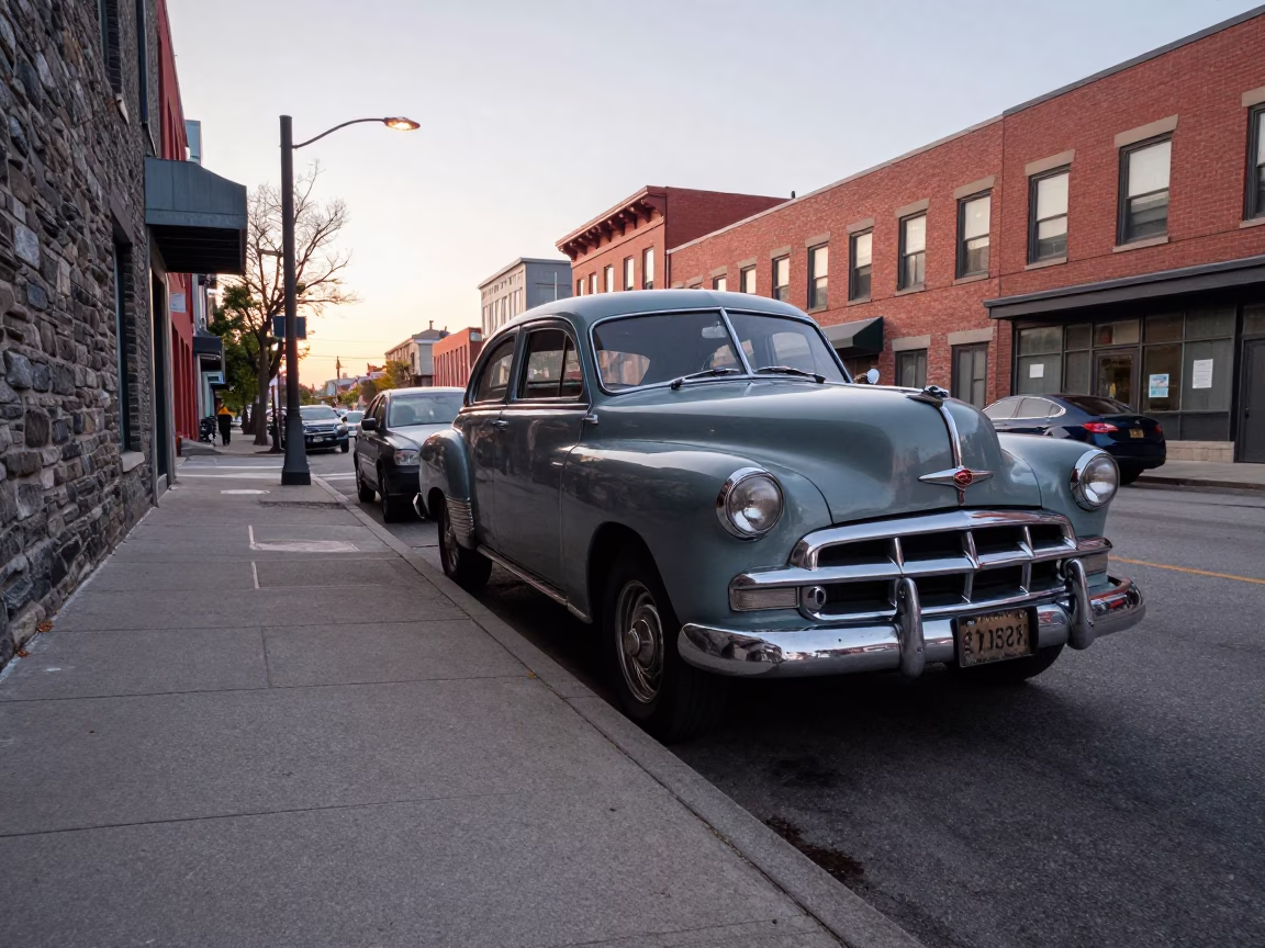 Early Morning Toronto Street Scene with Vintage Car and Mossy Stone Wall in in Toronto, Ontario, Canada