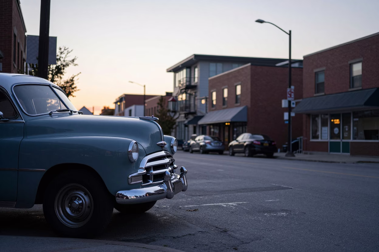 Early Morning Toronto Street Scene with Vintage Car and Newspaper Vendor in in Toronto, Ontario, Canada