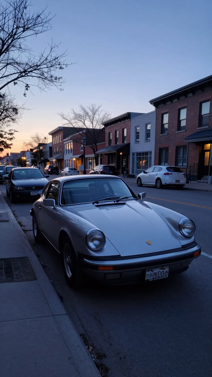 Early Morning Toronto Street Scene with Vintage Car and Urban Details Before Sunrise in in Toronto, Ontario, Canada