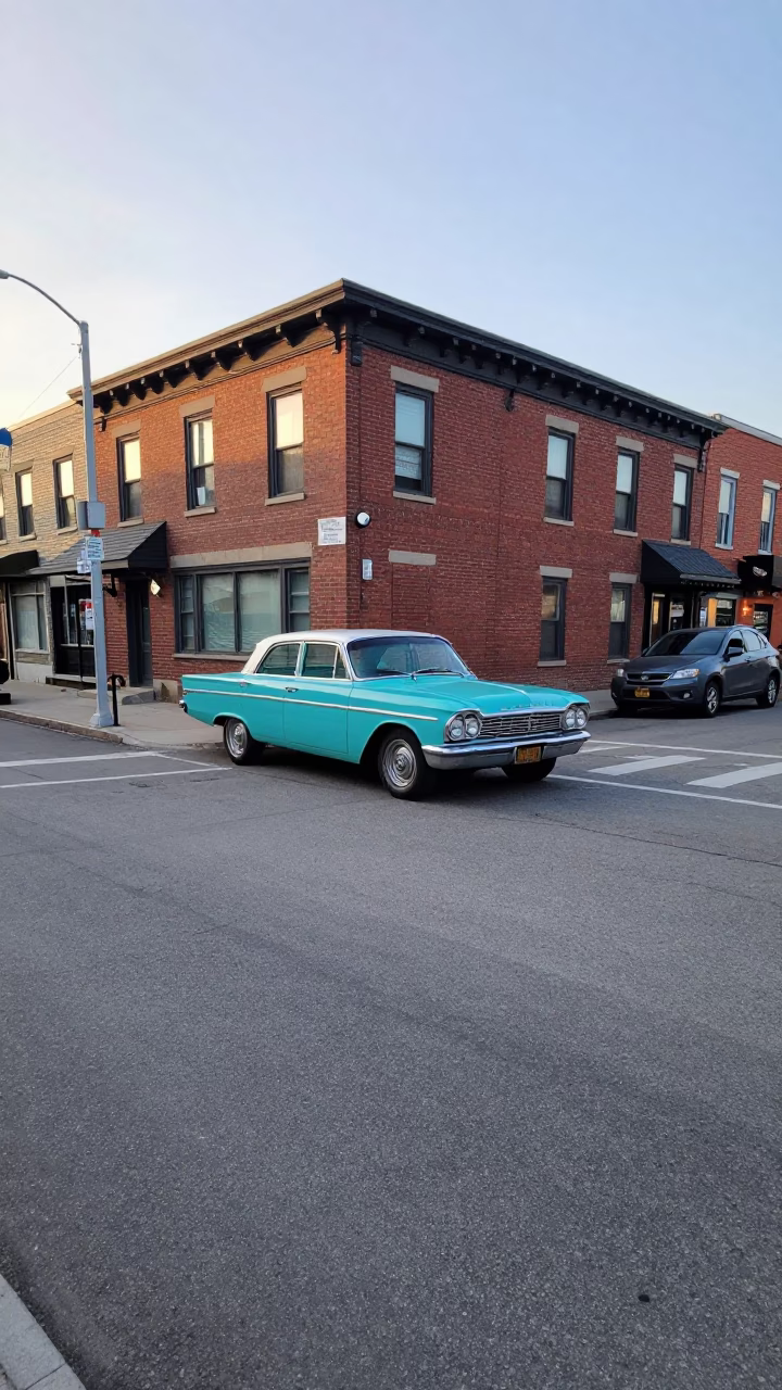 Early Morning Toronto Street Scene with Vintage Cars and City Architecture in in Toronto, Ontario, Canada