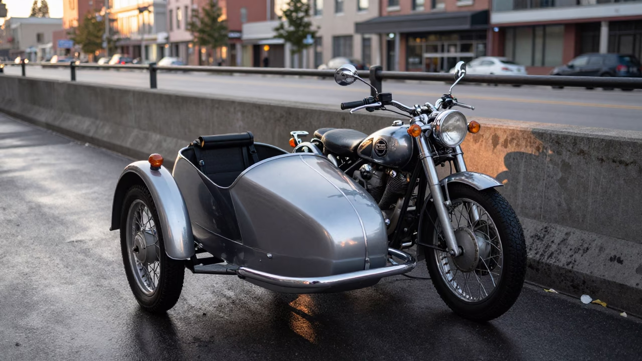 Early Morning Toronto Street Scene with Vintage Motorcycle Sidecar and Urban Infrastructure in in Toronto, Ontario, Canada