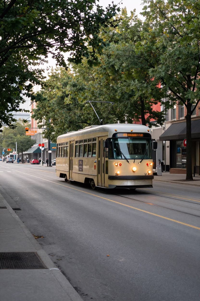 Early Morning Toronto Street Scene with Vintage Tramcar on Tree-Lined Boulevard in in Toronto, Ontario, Canada