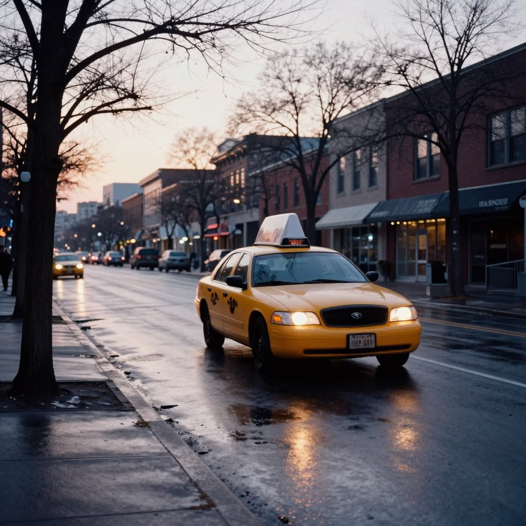 Early Morning Toronto Street Scene with Vintage Yellow Taxi and Rain-Slicked Pavement in in Toronto, Ontario, Canada