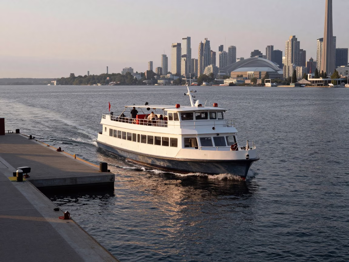 Early Morning Toronto Waterfront Water Taxi Departing from Harbour Dock in in Toronto, Ontario, Canada