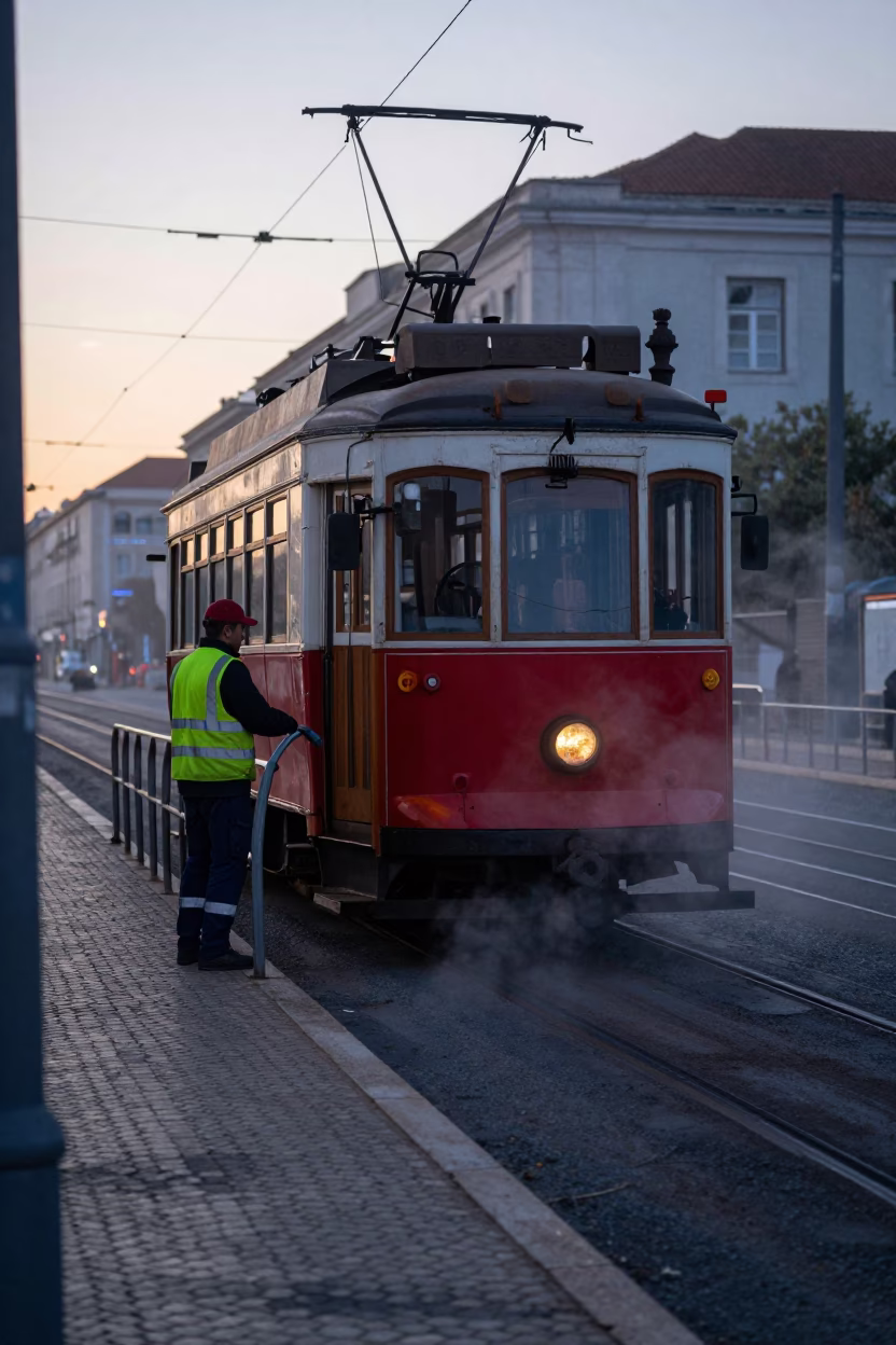 Early Morning Tram 28 Maintenance Crew and Steam Haze in Lisbon Portugal Before Sunrise in in Lisbon, Portugal