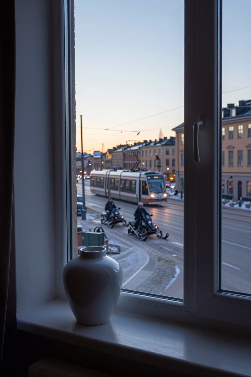 Early Morning Tram and Snowmobile Activity in Stockholm Sweden Before Sunrise in in Stockholm, Sweden