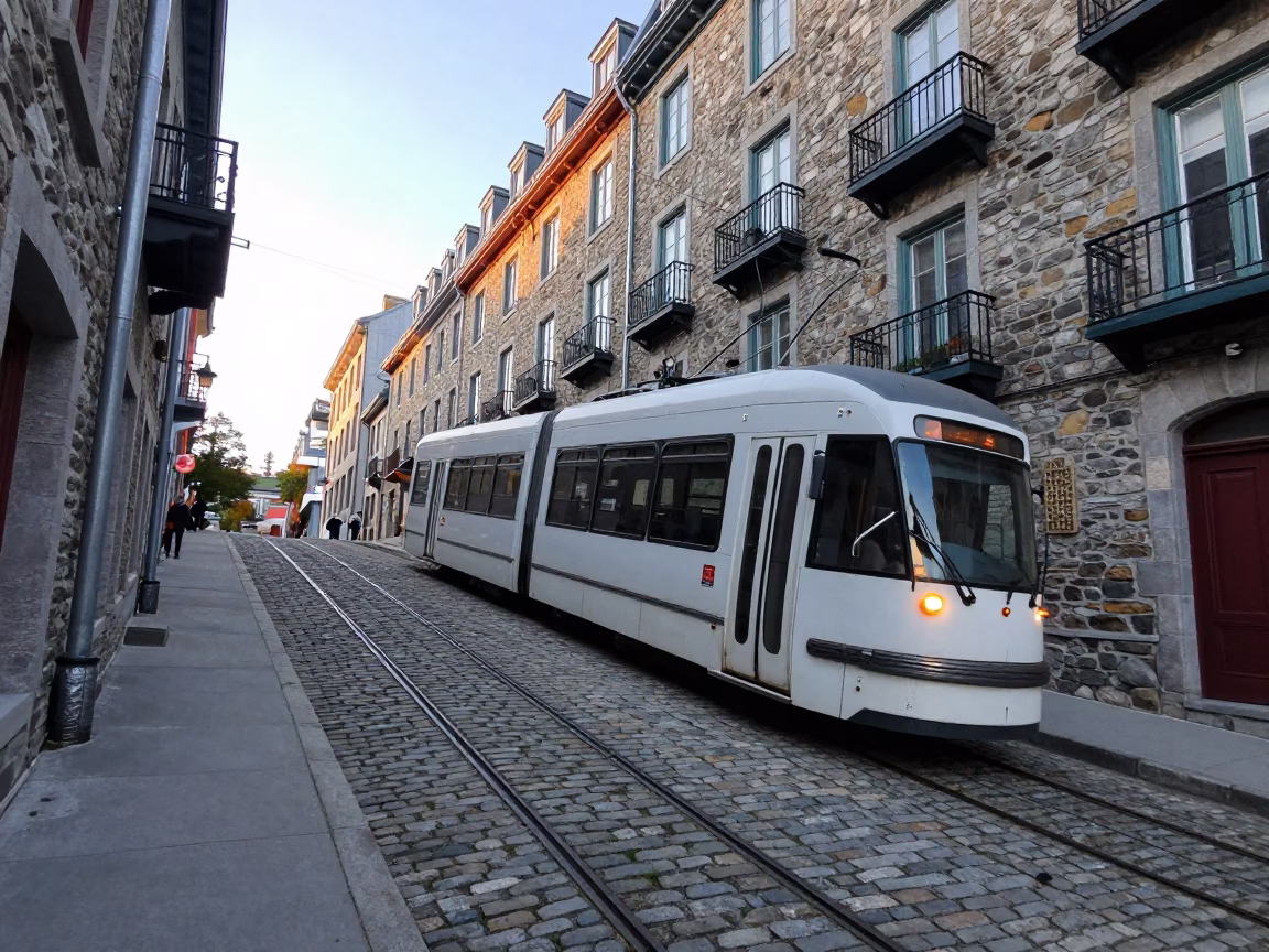 Early Morning Tram Climbing Steep Hill in Quebec City Quebec Canada in in Quebec City, Quebec, Canada