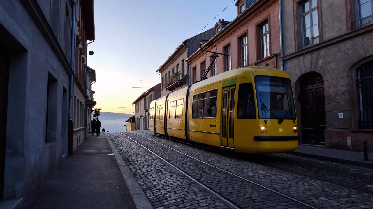 Early Morning Tram on Steep Hill in Nice France Before Sunrise in in Nice, France