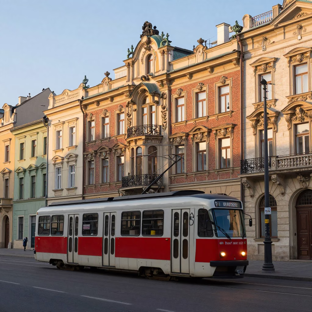 Early Morning Tram Rattling Past Art Nouveau Facades in Krakow Poland in in Krakow, Poland