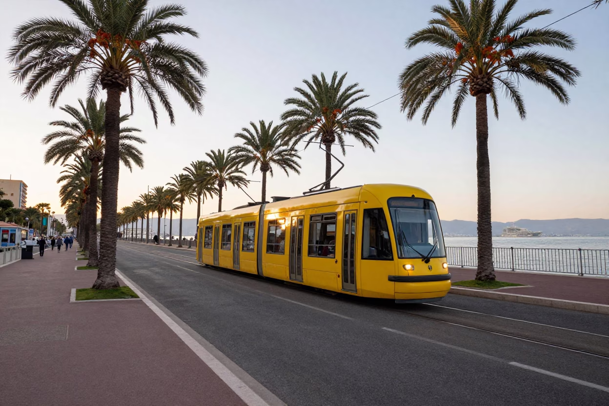 Early Morning Tram Ride Along Nice Promenade with Palm Trees and Coastal Views in in Nice, France