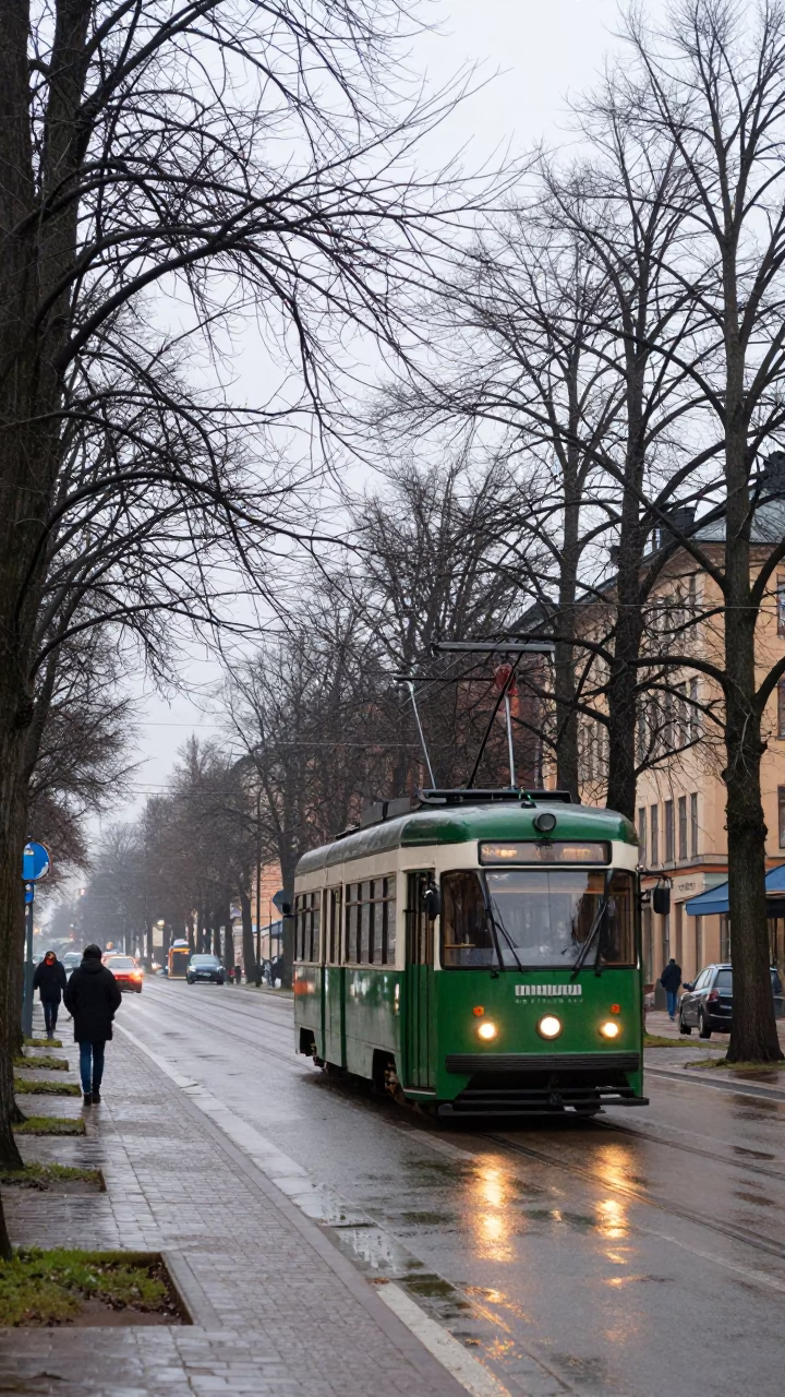 Early Morning Tramcar on Tree-Lined Boulevard in Stockholm Sweden with Raincoats in in Stockholm, Sweden