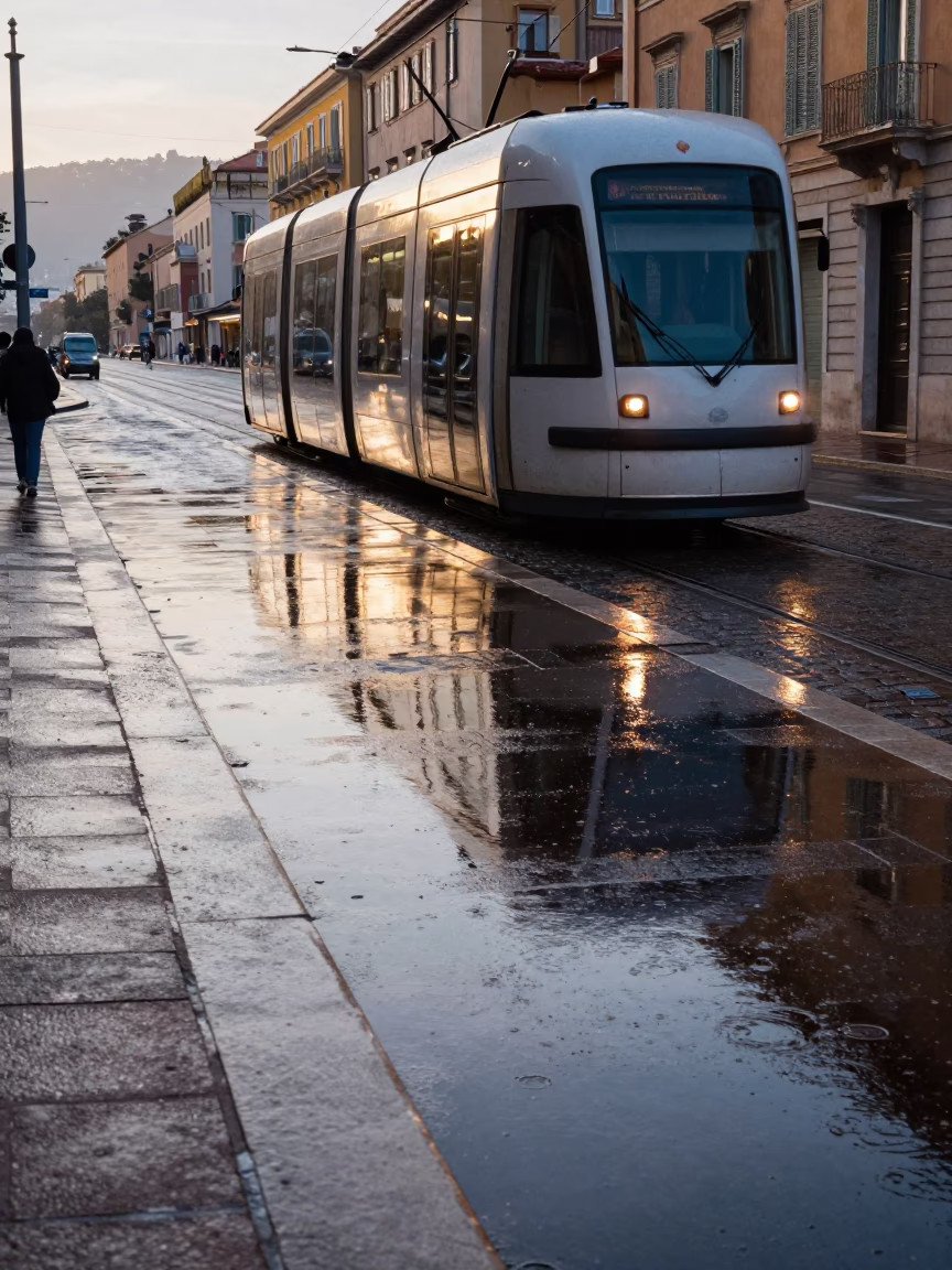 Early Morning Tramcar Reflection on Rainy Cobblestones in Nice France in in Nice, France