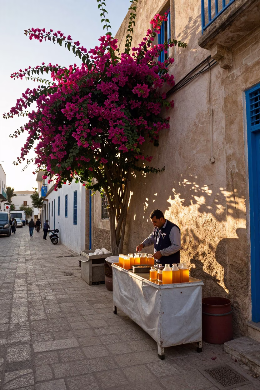 Early Morning Tunis Street Scene with Bougainvillea and Bakery Display in in Tunis, Tunisia